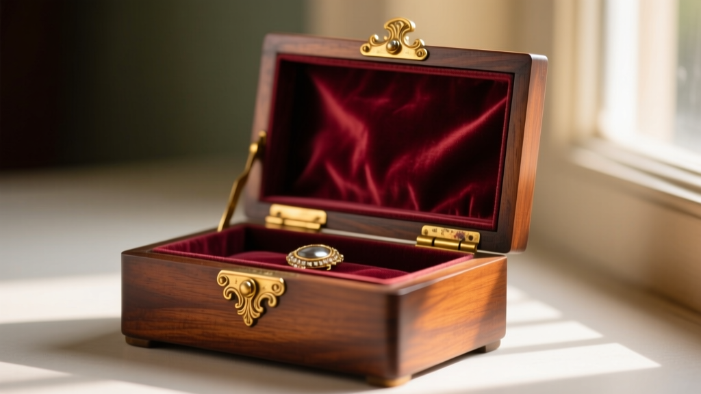 Open 19th-century mahogany vintage gold jewelry box showing tarnished ormolu brass hinges and worn burgundy velvet interior lining.