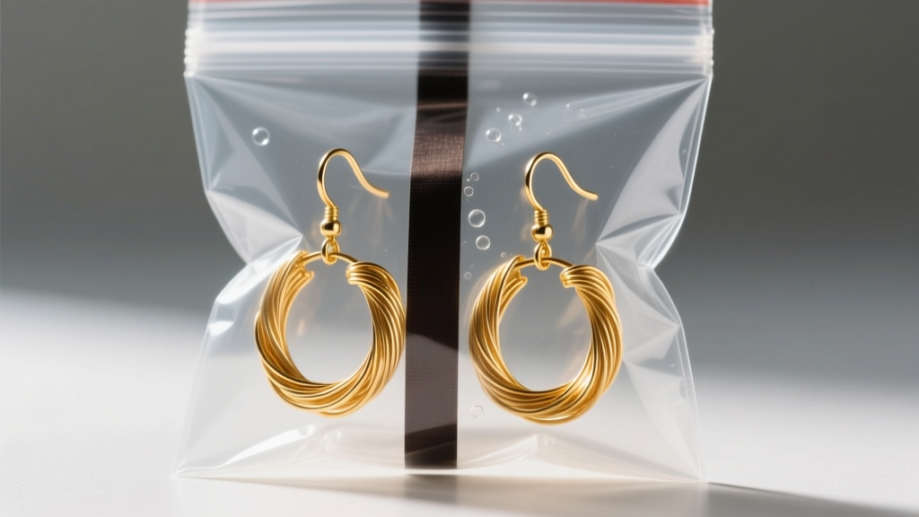 Macro photography of 14k gold-filled wire earrings sealed inside a thick 4-mil polyethylene bag with a dark anti-tarnish strip.