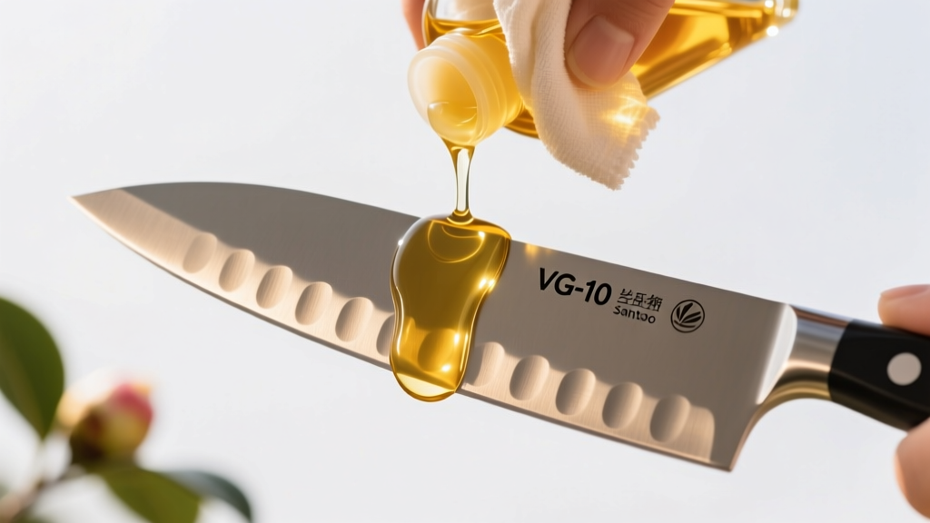 Golden camellia oil applied to the polished VG-10 steel blade of a portable santoku knife using a microfiber cloth in bright outdoor sunlight