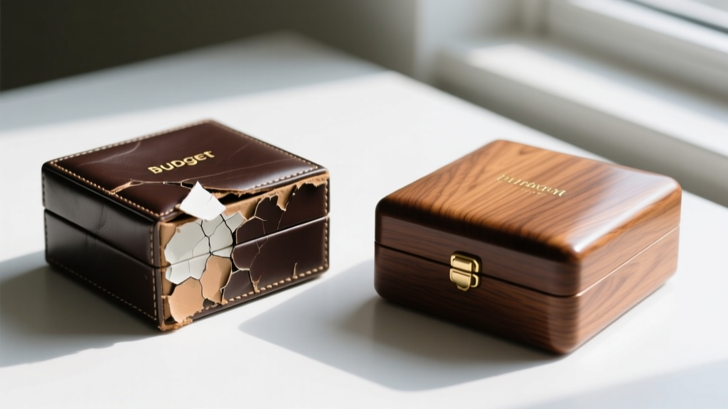 Close-up of peeling PU leather on a budget box next to pristine solid oak veneer on a premium jewelry box with drawers