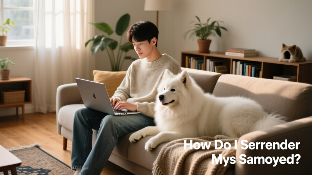 A person using a laptop to browse FurPetVo.com on a cozy living room couch, with a Samoyed resting nearby