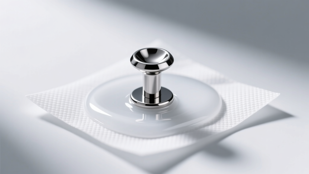 Macro photography of a polished titanium labret stud resting on a sterile saline soak pad, soft clinical lighting, high detail.