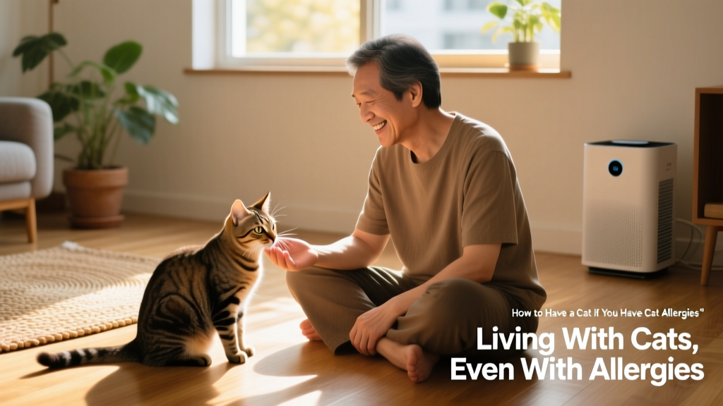 Person sitting cross-legged on the floor, smiling as a curious cat sniffs their hand