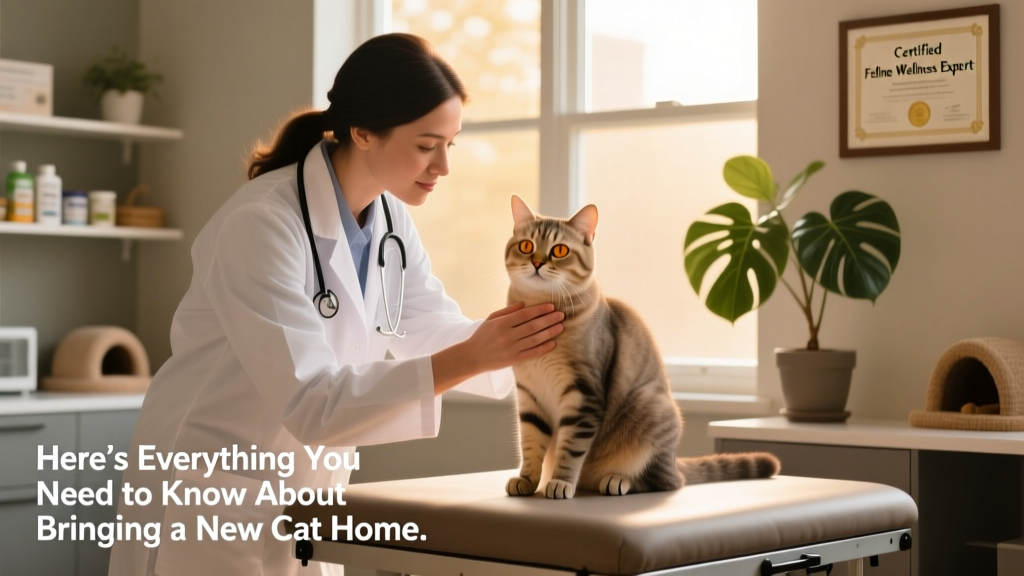 Veterinarian gently examining a calm, seated cat during a wellness checkup