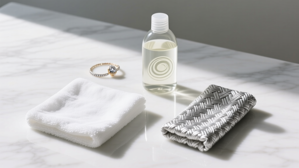 Flat lay of jewelry cleaning supplies including a microfiber cloth, mild dish soap, and a silver polishing cloth on white marble.