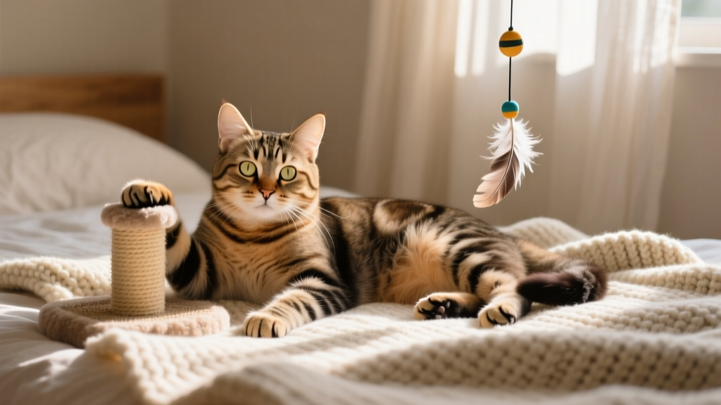 A happy cat lounging on a cozy bed beside a scratching post and interactive toy, looking content and secure