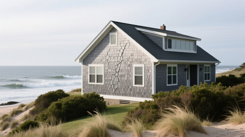 Gray fiber cement cedar-shake siding on a coastal Cape Cod home withstanding ocean salt spray in Falmouth Massachusetts