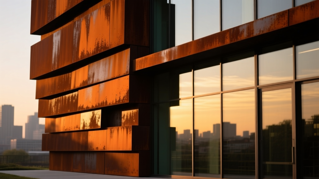 Exterior architectural facade featuring overlapping Corten steel panels with a rich, natural orange-brown rust patina framing large glass windows at dusk