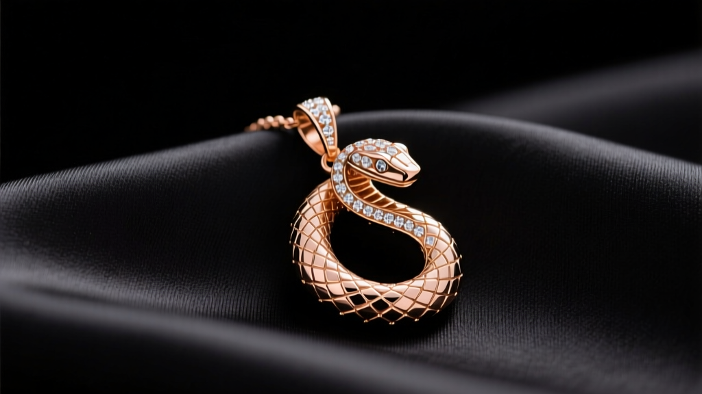 Rose gold Serpenti Viper pendant on dark silk showing the diamond-paved snake scale motif under soft directional studio lighting.