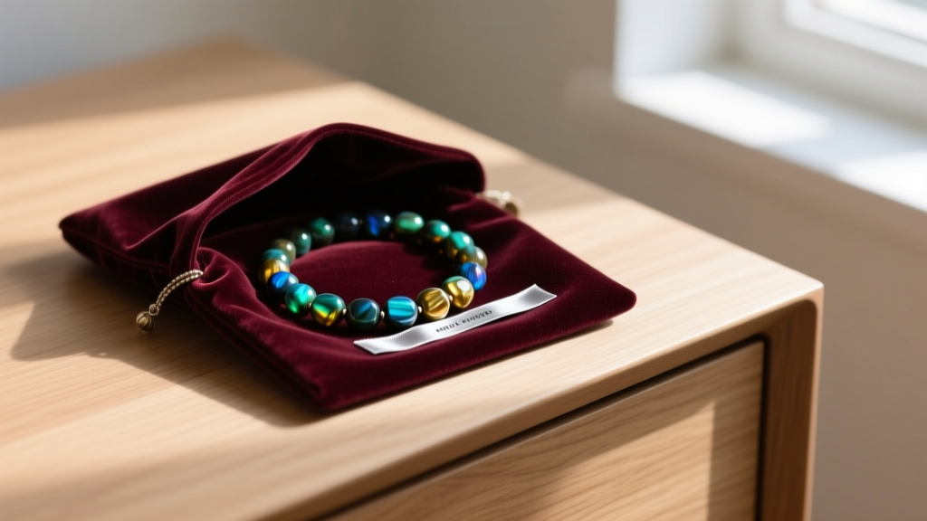 Labradorite beaded necklace stored inside a soft velvet pouch with an anti-tarnish strip on a light wooden dresser surface.
