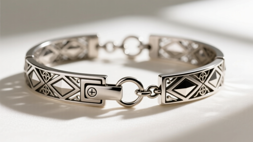 Close-up of an early Art Deco platinum bracelet featuring a functional push-button safety clasp and figure-eight guard