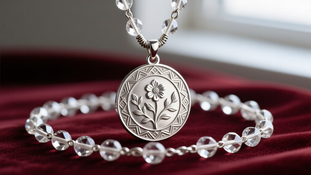 Sterling silver center medal connecting a wire-wrapped rosary with intricate relief engraving and 4mm crystal beads on velvet