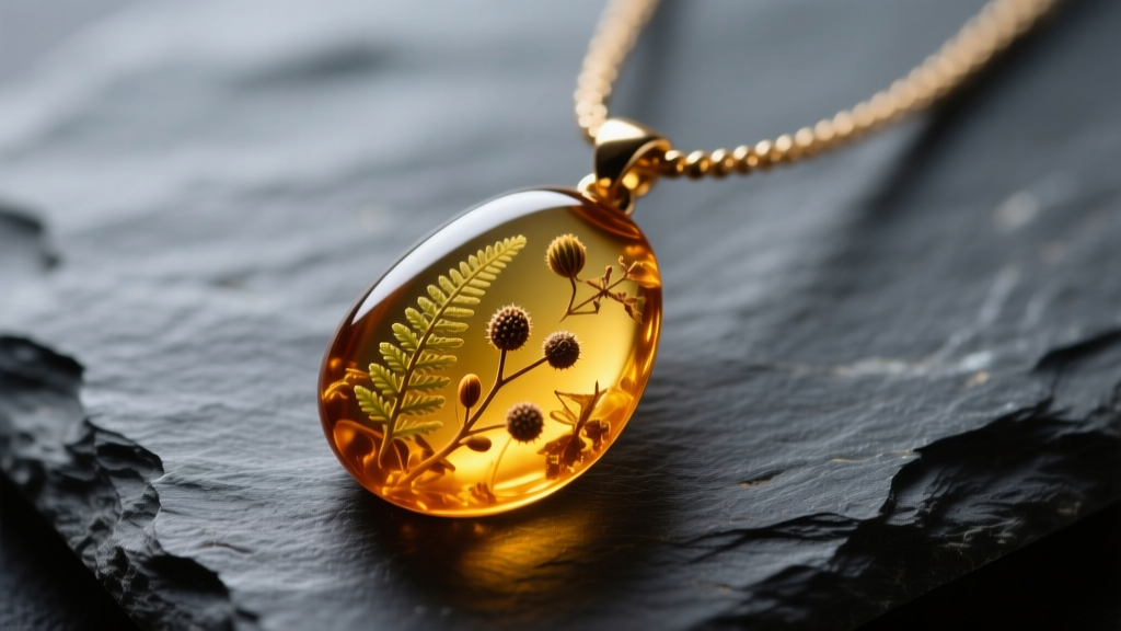 Close-up of a raw Baltic amber pendant necklace featuring natural botanical inclusions, resting on a dark, textured slate surface.
