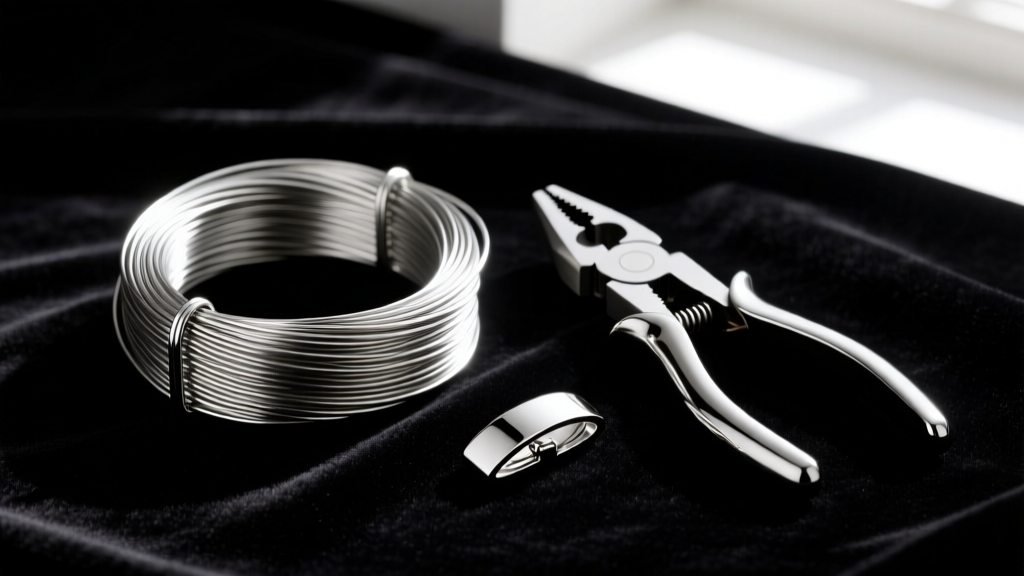 Spool of 49-strand steel beading wire next to a crimping tool and silver clasp, resting on a dark velvet jeweler's bench pad.