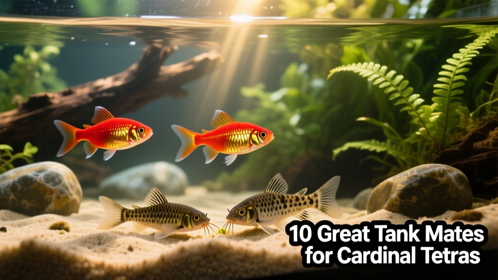 Cardinal tetras swimming alongside calm, bottom-dwelling corydoras catfish