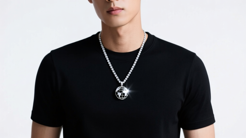 Male model wearing a 5mm cubic zirconia tennis chain and globe pendant, styled with a crisp black t-shirt under studio lighting.