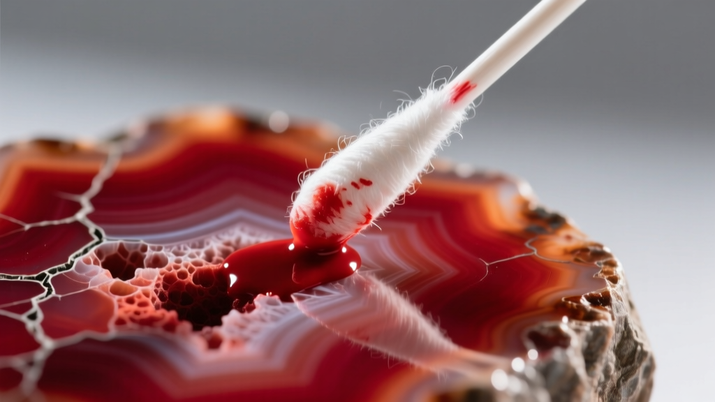 Cotton swab with acetone gently touching a porous dyed red agate stone to test for color bleeding under bright macro lighting.