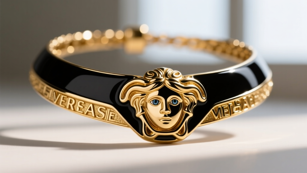 Close-up of Versace Medusa necklace enamel eye detail, showing the boundary between black resin and gold-plated brass metal base.
