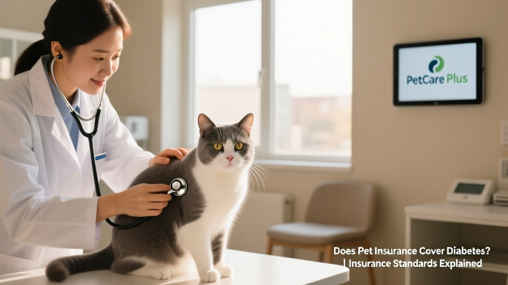 A veterinarian gently examining a calm cat during a routine checkup