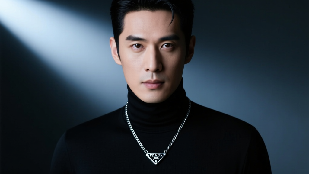 A man layering a Prada silver chain and enamel pendant over a black turtleneck, captured in moody cinematic studio lighting.