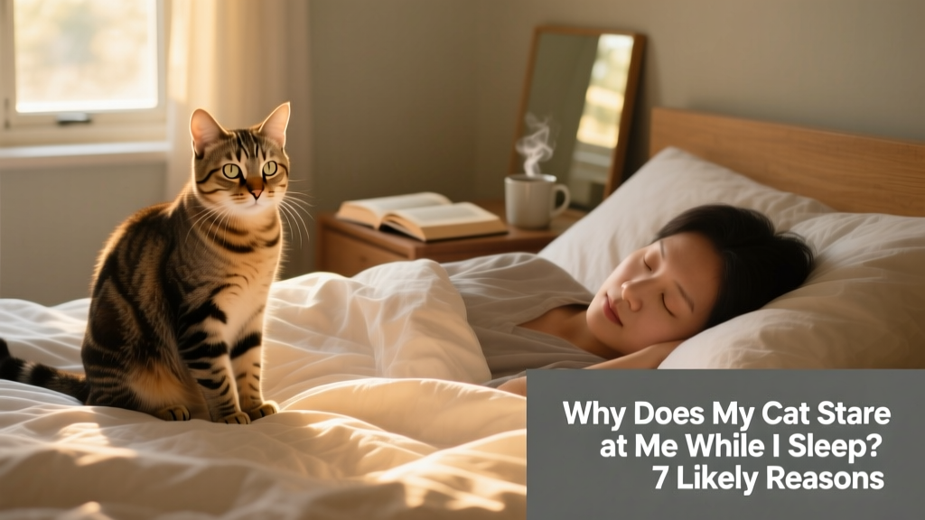 A calm, alert cat sitting beside a sleeping person on a bed, gazing intently