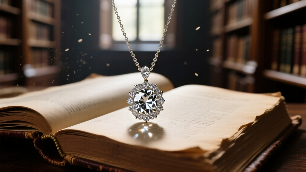 Elegant vintage-style diamond pendant necklace resting on an antique open book, dramatic moody lighting highlighting the facets