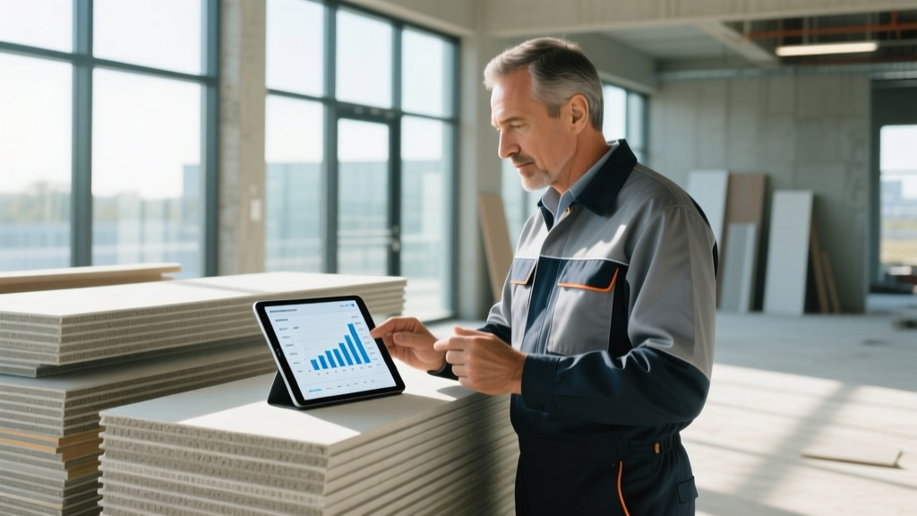 Commercial contractor reviewing digital pricing charts on a tablet next to stacked gypsum board and fiber cement panels at a modern construction site