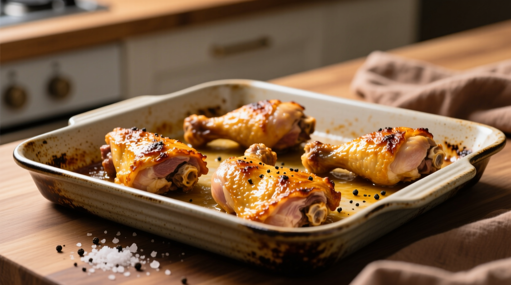 Crispy golden chicken thighs on baking sheet
