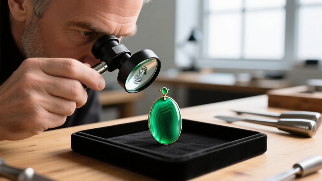 Jeweler using a 10x loupe to inspect the edge of a green agate pendant for dye concentration in a well-lit gemological workspace