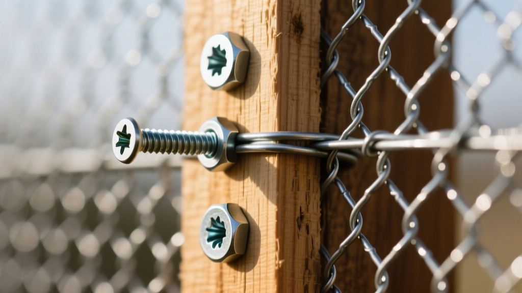 Close-up of 1/2-inch galvanized hardware cloth being secured with washer-head screws to a pressure-treated wooden frame for a chicken run
