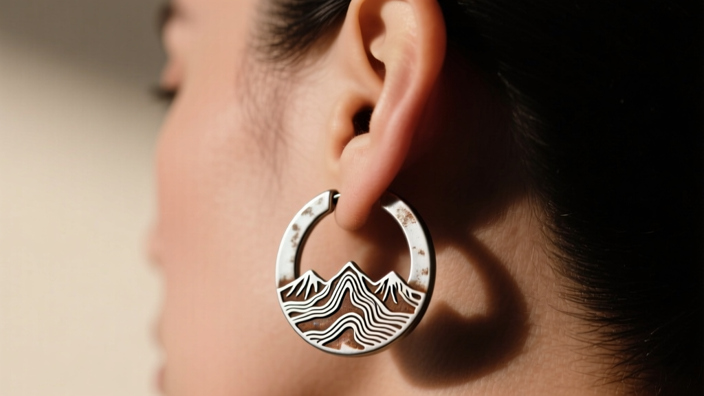 Side profile of an ear wearing an oxidized silver topographic map huggie, highlighting laser-engraved mountain ridges