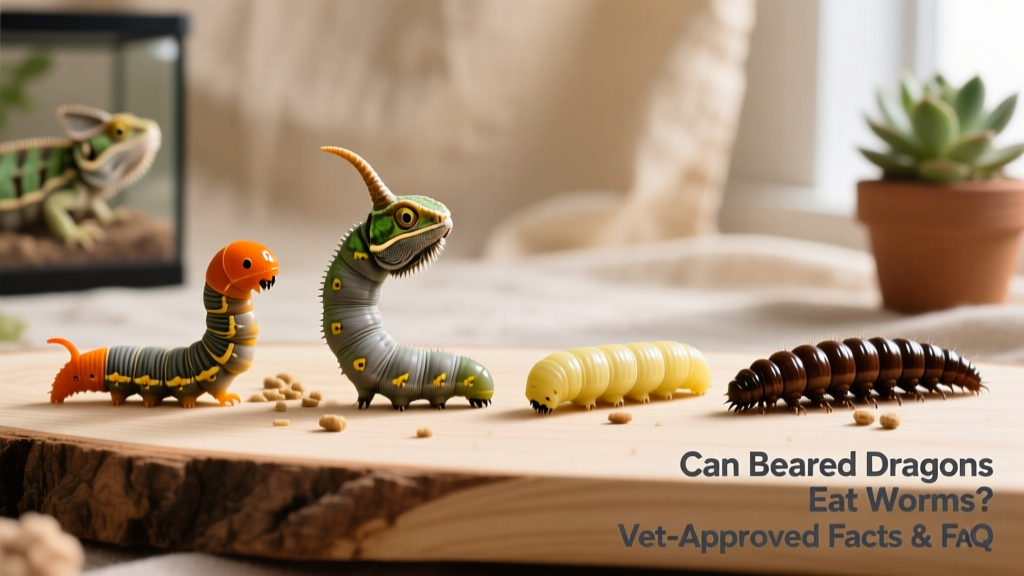 Side-by-side comparison of common feeder worms: phoenix worms, hornworms, silkworms, and superworms on a clean feeding surface