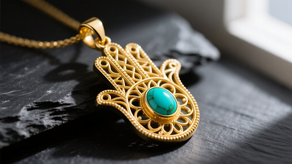 Close-up of a solid 14k yellow gold Hamsa hand pendant with intricate filigree and a central turquoise cabochon on dark slate