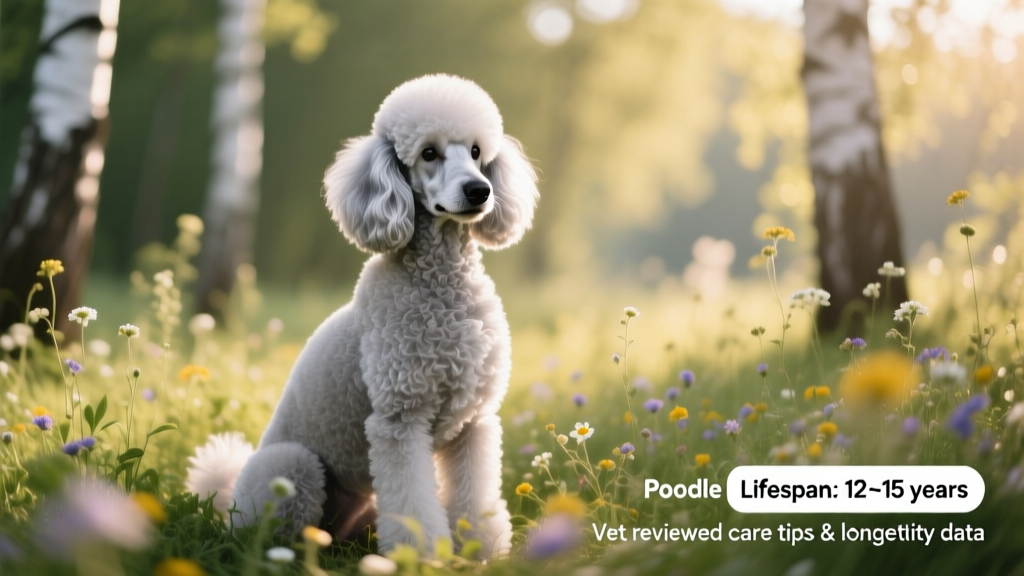 large silver poodle with a beautiful haircut is sitting in a summer glade. Royal poodle