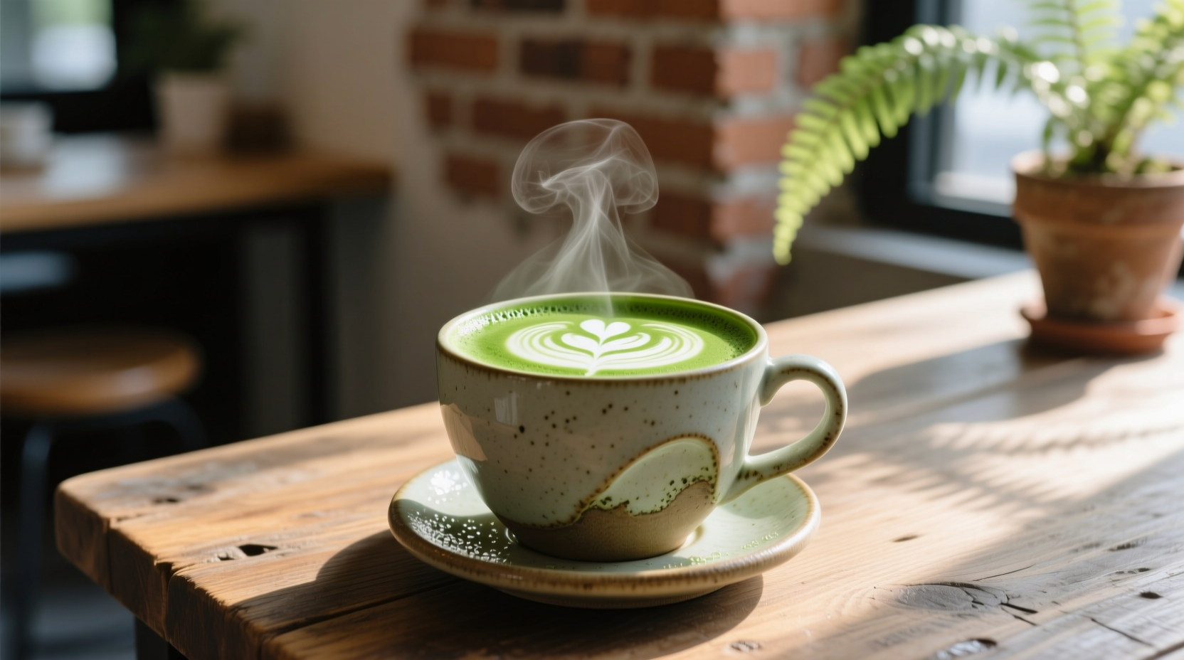 Freshly prepared matcha latte in ceramic cup