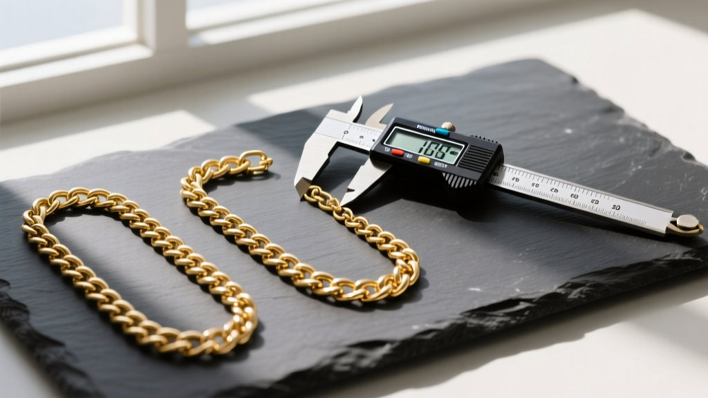 Flat lay of three gold chains measuring 16, 18, and 20 inches on a dark slate surface with a digital caliper measuring the links