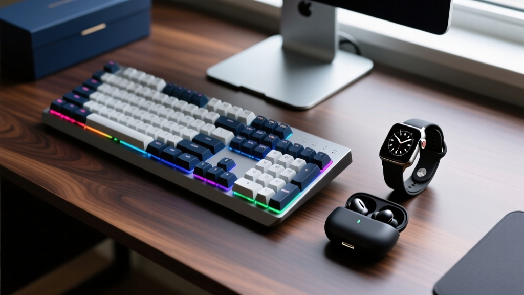 Overhead flatlay of premium tech gifts for men including a mechanical keyboard, smartwatch, and wireless earbuds on a dark walnut desk