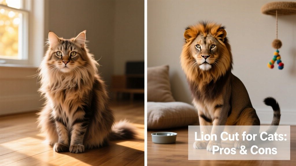 Side-by-side comparison showing a long-haired cat before and after a lion cut, highlighting the dramatic transformation