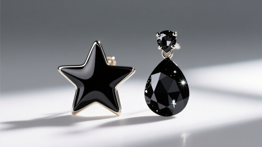 Macro shot of black enamel star earring beside a black diamond drop, highlighting contrast in surface texture and light reflection
