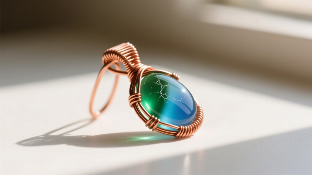 A finished copper wire-wrapped pendant bail holding a polished sea glass cabochon, lit by soft directional natural window light.