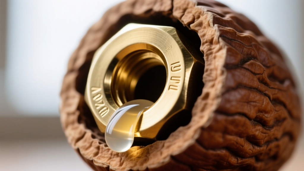 Macro shot of a brass eyelet insert secured in a drilled buckeye nut, with a small bead of clear epoxy resin visible on the edge.