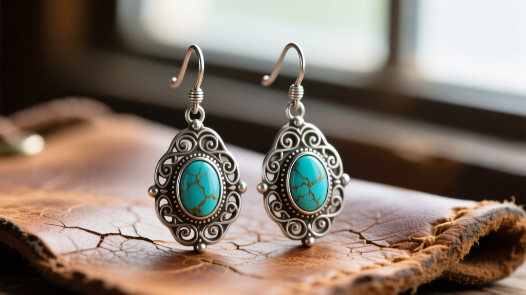 Oxidized .925 sterling silver drop earrings with 1899 Victorian filigree and turquoise cabochons resting on worn frontier leather.