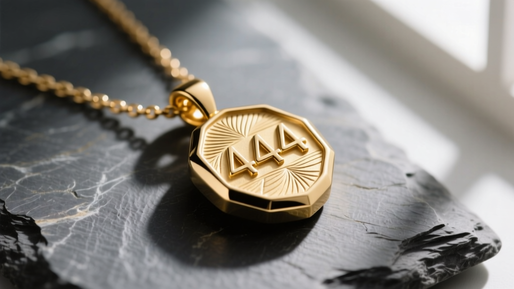 Macro shot of a 14k gold 444 necklace pendant on slate, showing lost-wax casting details and smooth beveled edges.