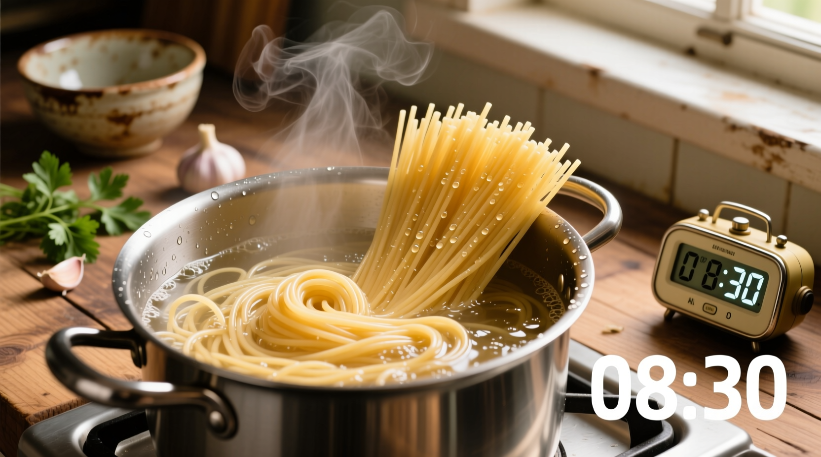Perfectly cooked spaghetti in boiling water with timer