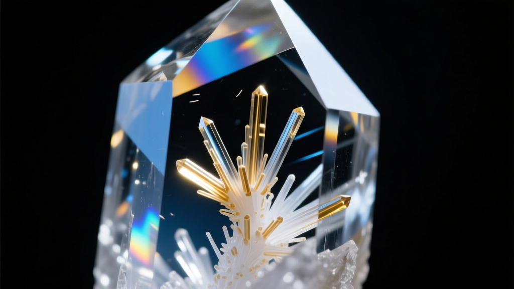 Macro shot of natural liquid inclusions and rutile needles inside clear quartz, illuminated by bright light on a dark background.
