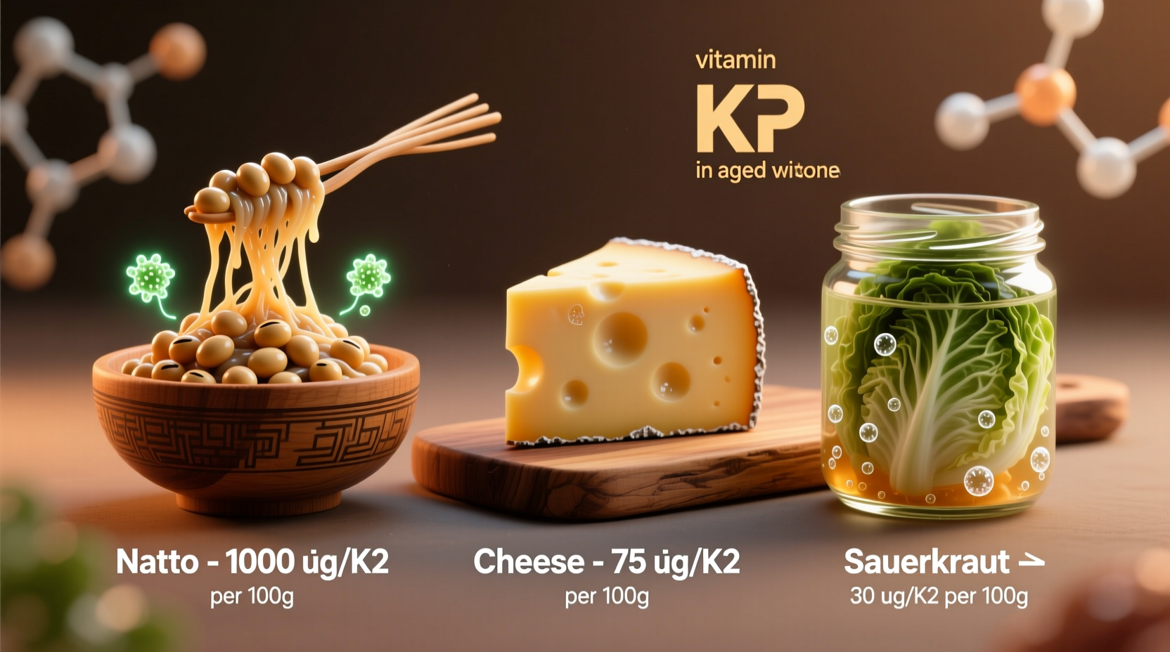 Fermented foods rich in vitamin K2 including natto, cheese, and sauerkraut