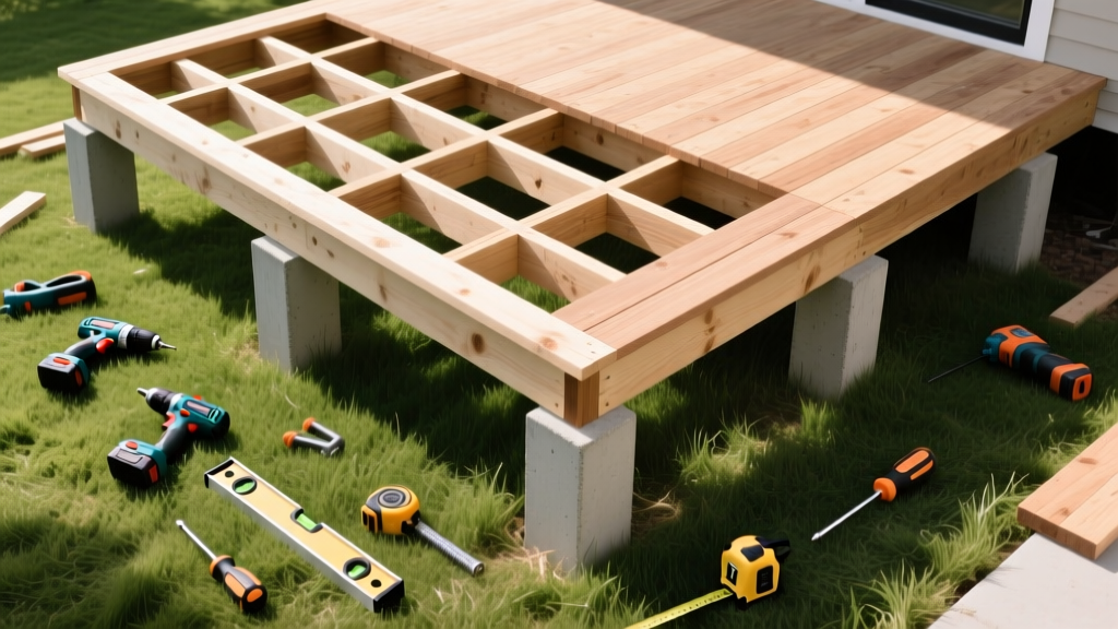 Overhead view of a partially framed pressure-treated wood deck with joists, concrete pier footings, and power tools scattered on the grass