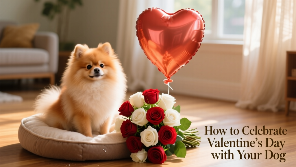 a Pomeranian sat on a dog bed next to a bunch of roses and a love balloon behind it