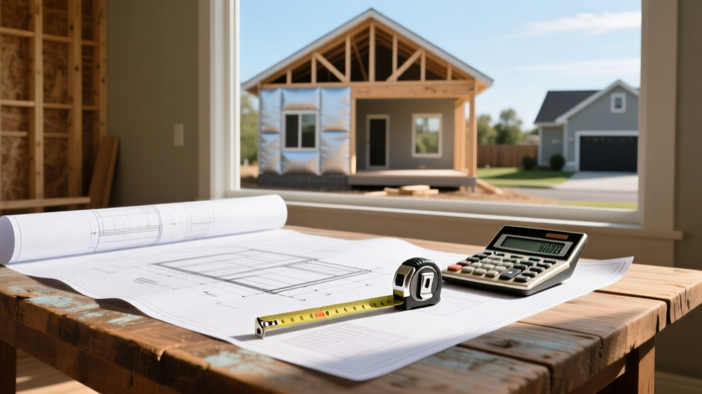 Architectural blueprints spread on a wooden table next to a calculator, tape measure, and modern house framing in the background