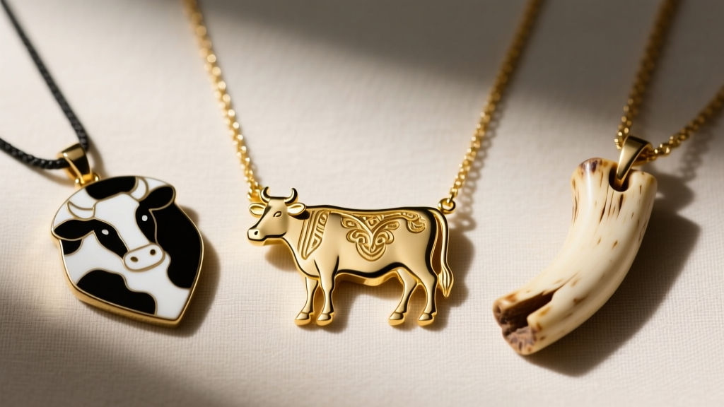 Flat lay of three cow necklaces: a gold vermeil charm, a black and white enamel cow print pendant, and a rustic bone carving